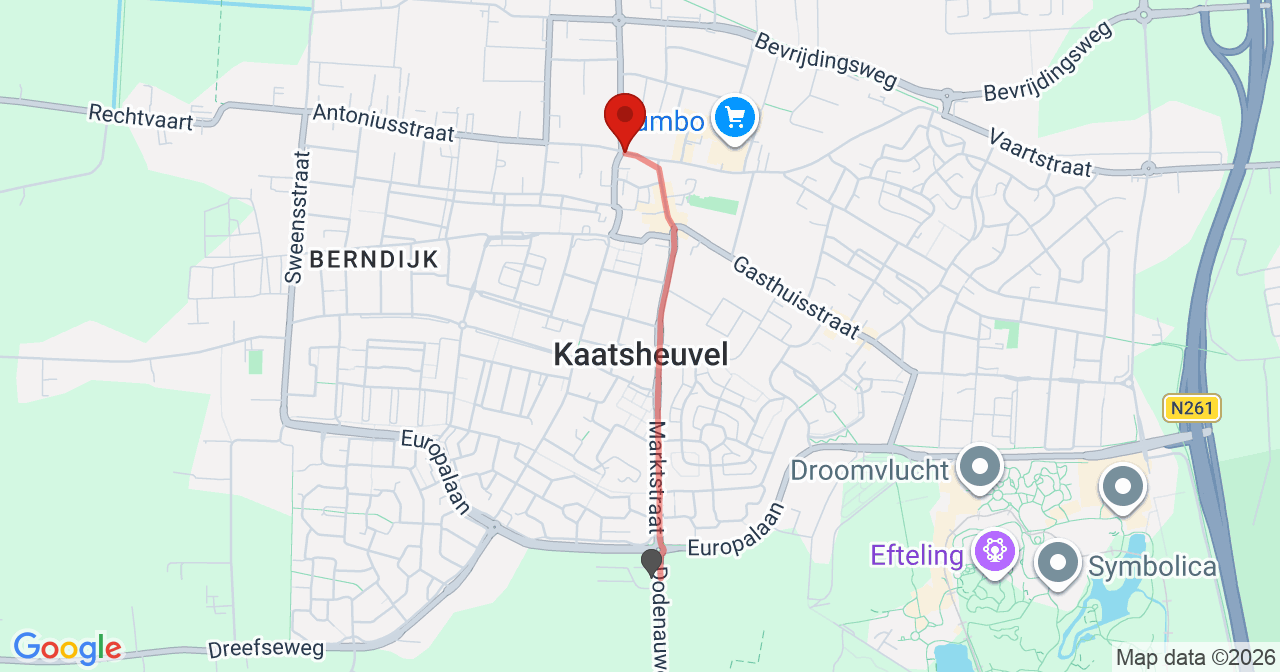 Kaart van het incident in Kaatsheuvel met de aanrijroutes van de gealarmeerde eenheden