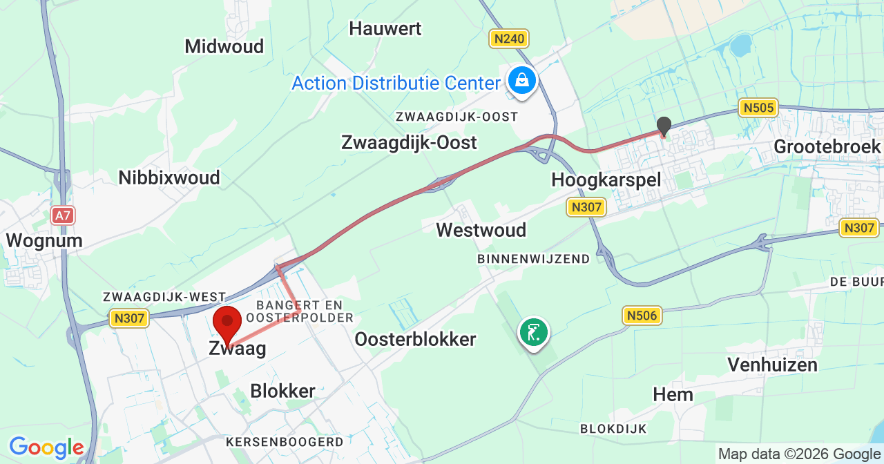 Kaart van het incident in Zwaag met de aanrijroutes van de gealarmeerde eenheden
