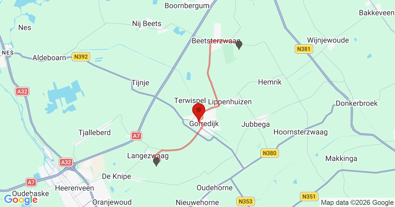 Kaart van het incident in Gorredijk met de aanrijroutes van de gealarmeerde eenheden