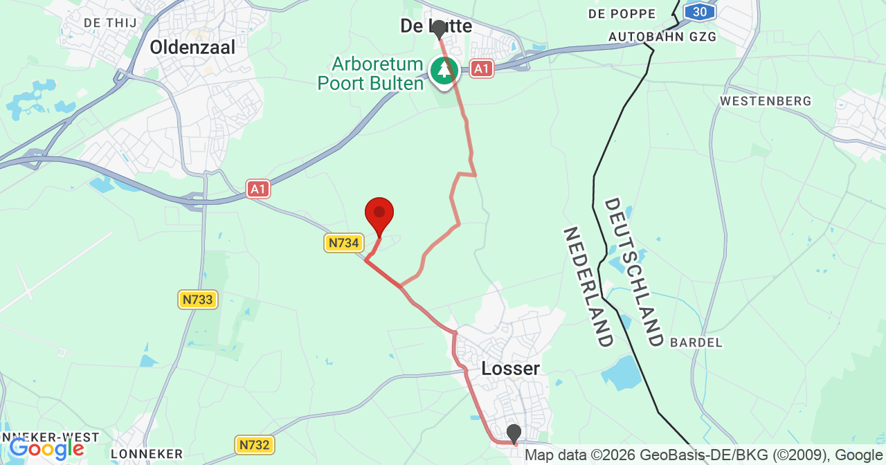 Kaart van het incident in Losser met de aanrijroutes van de gealarmeerde eenheden