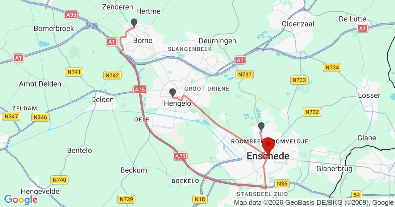 Kaart van het incident in Enschede met de aanrijroutes van de gealarmeerde eenheden