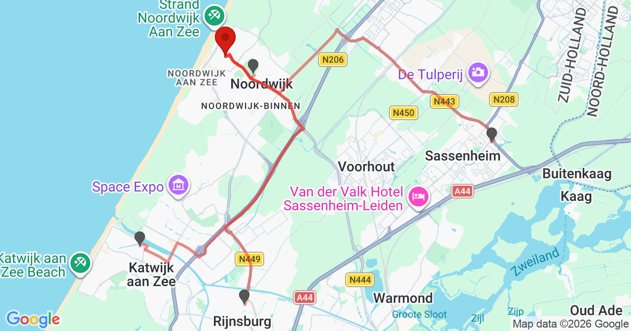 Kaart van het incident in Noordwijk ZH met de aanrijroutes van de gealarmeerde eenheden