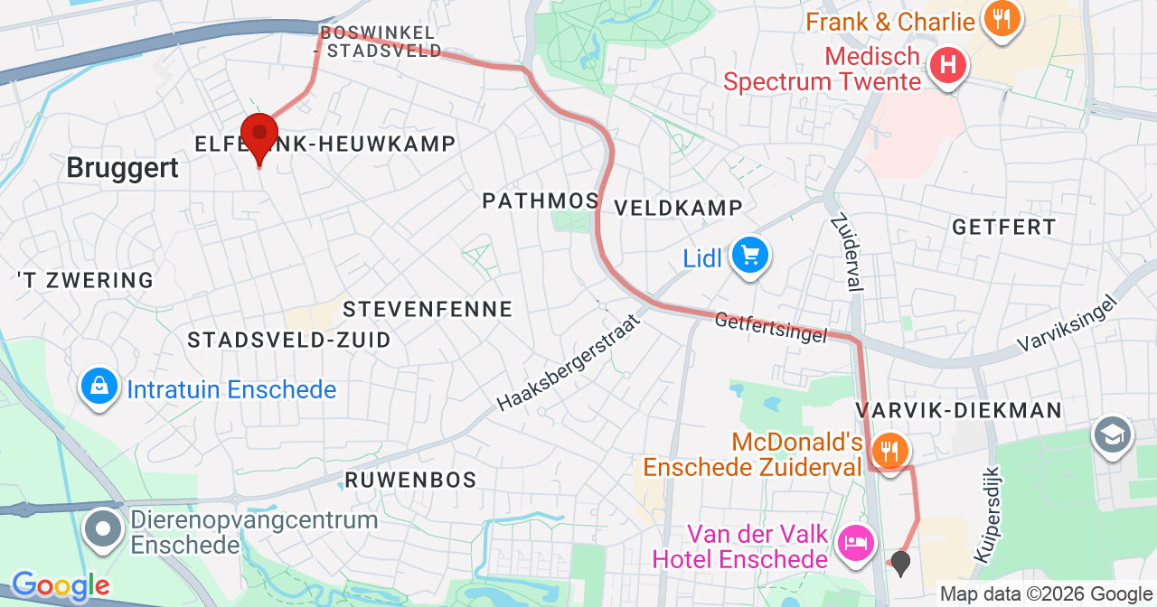 Kaart van het incident in Enschede met de aanrijroutes van de gealarmeerde eenheden
