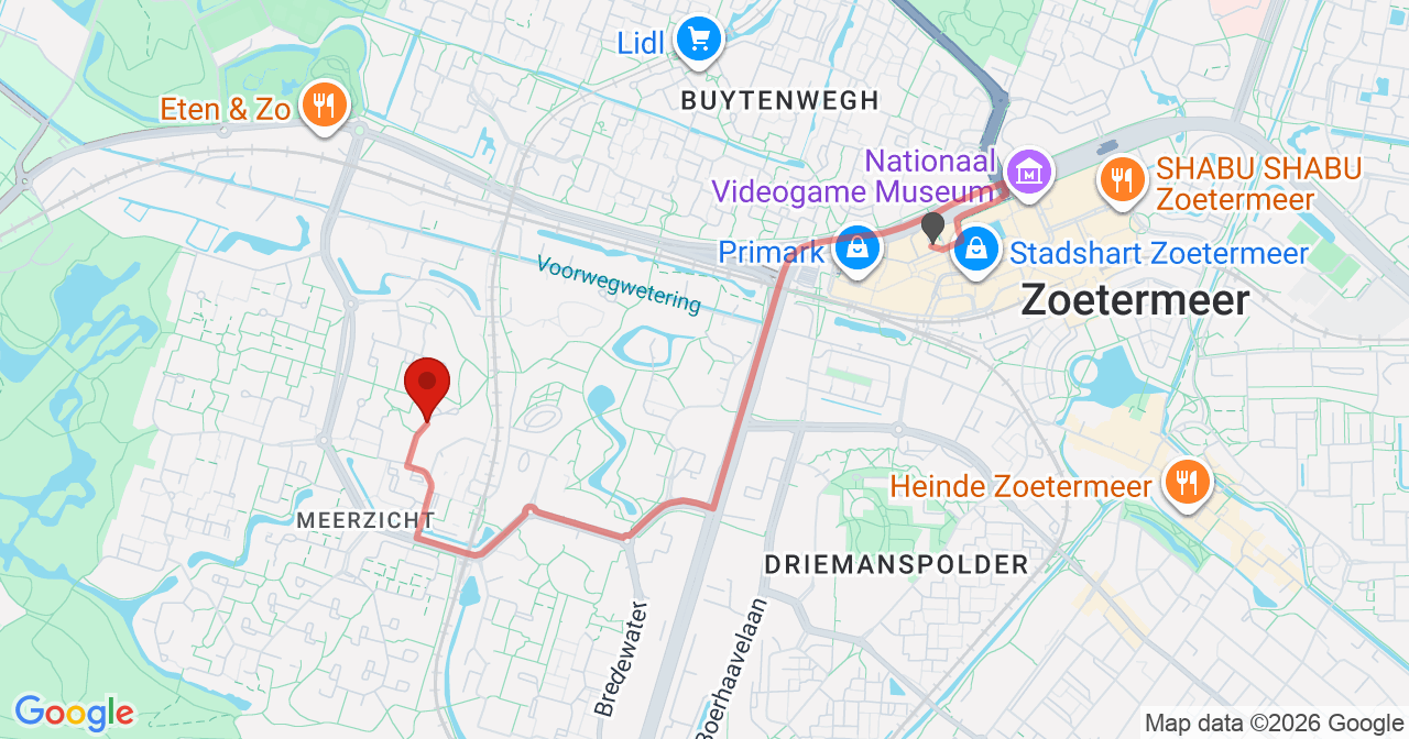 Kaart van het incident in Zoetermeer met de aanrijroutes van de gealarmeerde eenheden