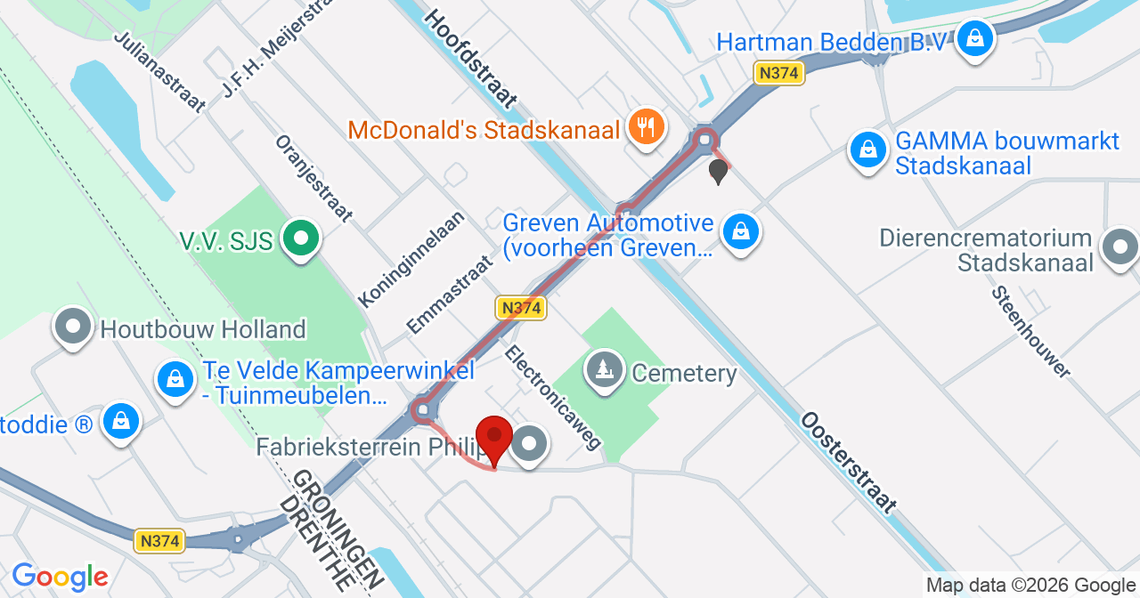 Kaart van het incident in Stadskanaal met de aanrijroutes van de gealarmeerde eenheden