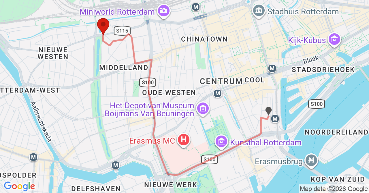 Kaart van het incident in Rotterdam met de aanrijroutes van de gealarmeerde eenheden