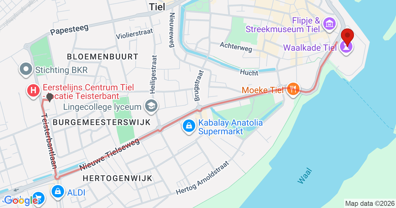 Kaart van het incident in Tiel met de aanrijroutes van de gealarmeerde eenheden