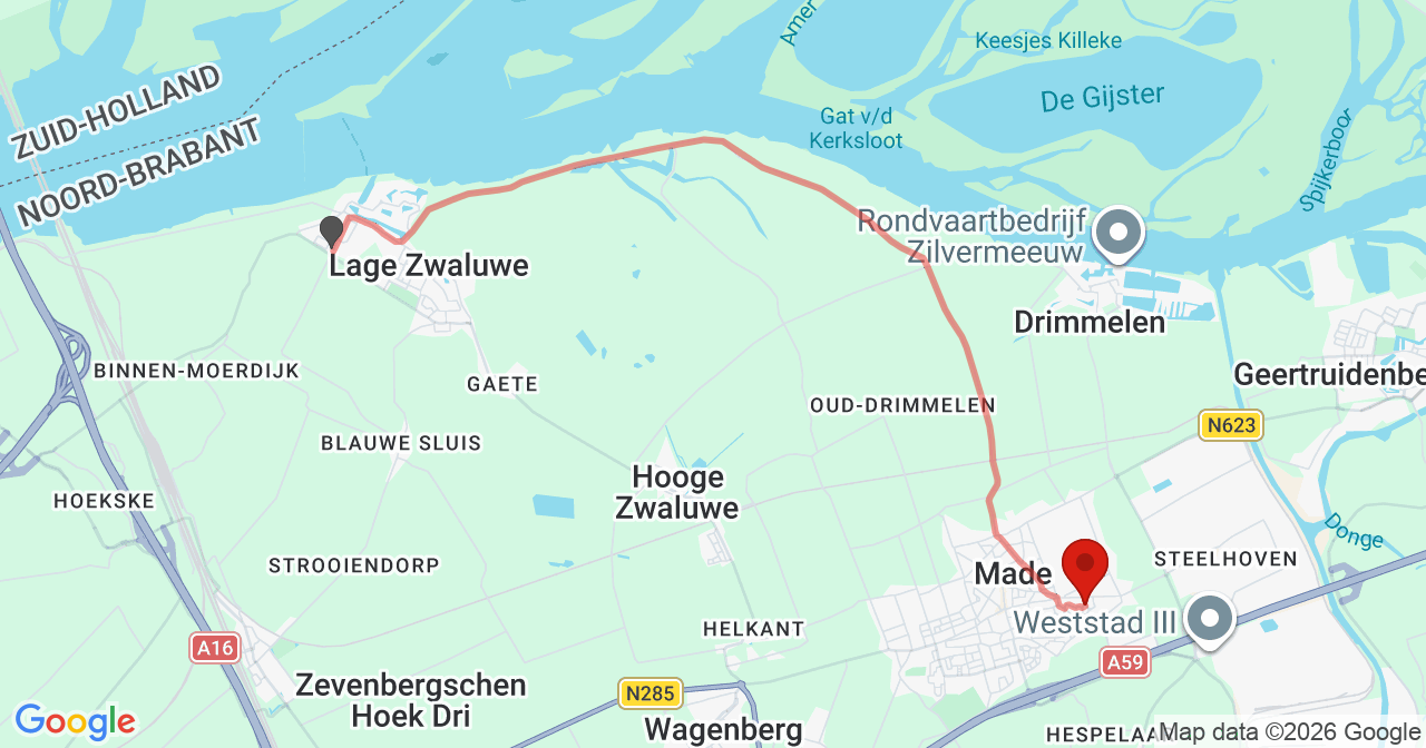 Kaart van het incident in Made met de aanrijroutes van de gealarmeerde eenheden