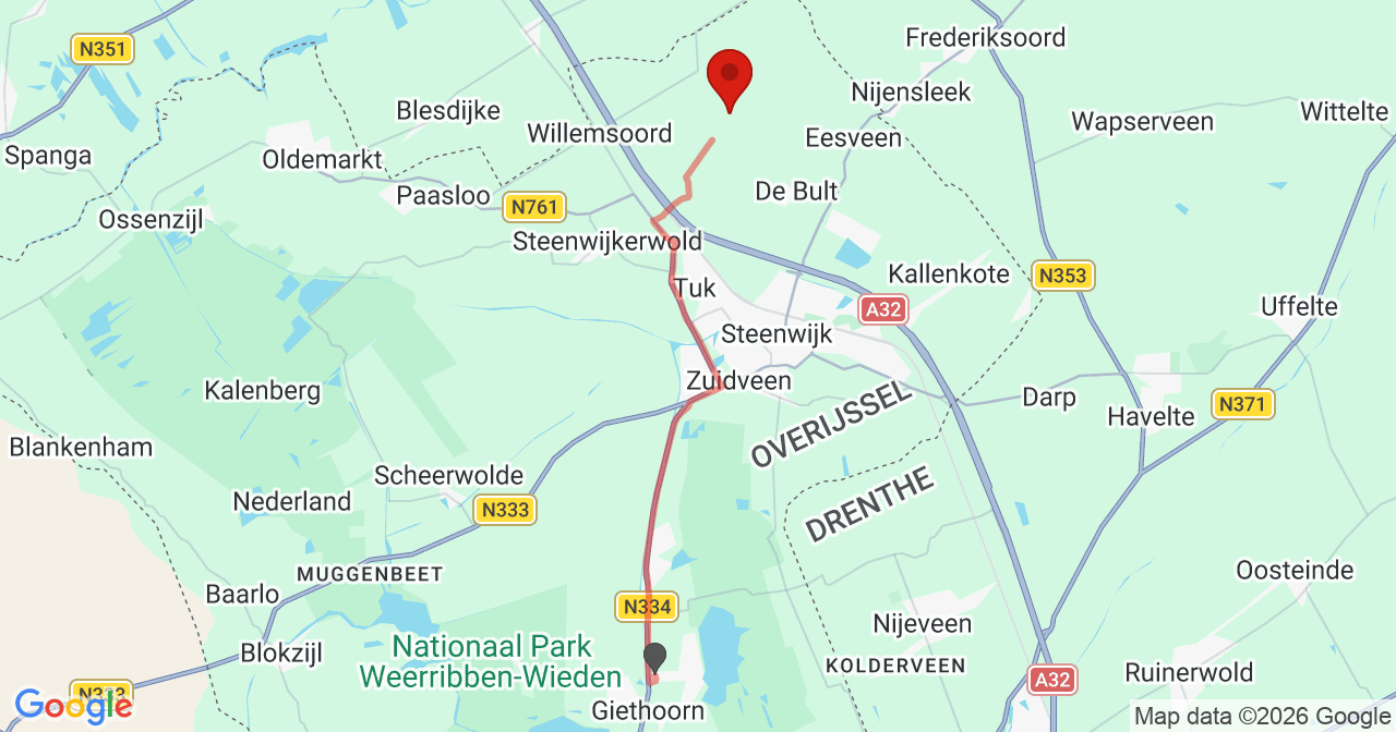 Kaart van het incident in Eesveen met de aanrijroutes van de gealarmeerde eenheden