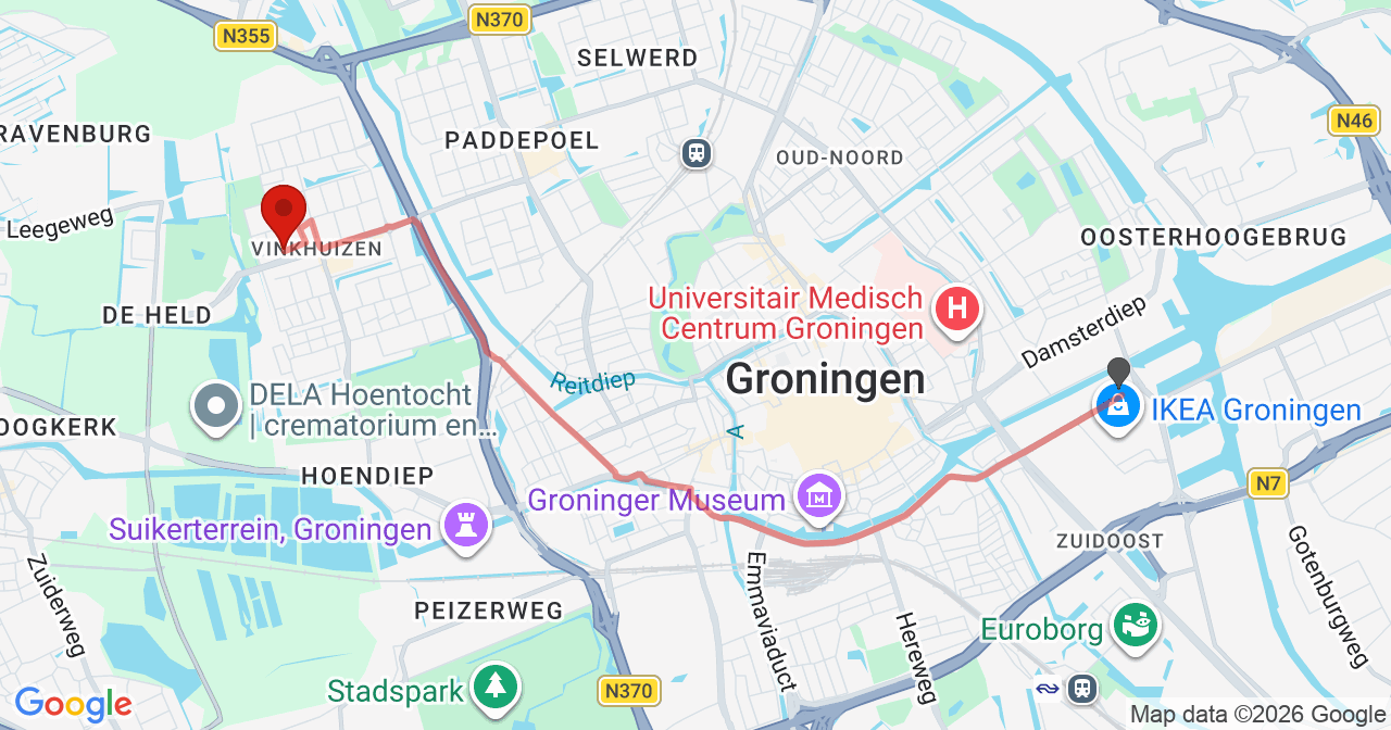 Kaart van het incident in Groningen met de aanrijroutes van de gealarmeerde eenheden