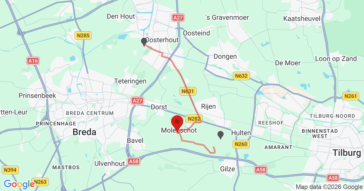 Kaart van het incident in Molenschot met de aanrijroutes van de gealarmeerde eenheden