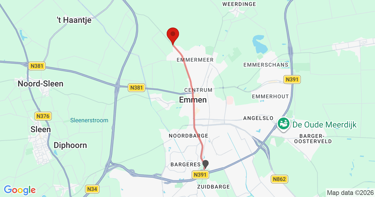 Kaart van het incident in Emmen met de aanrijroutes van de gealarmeerde eenheden