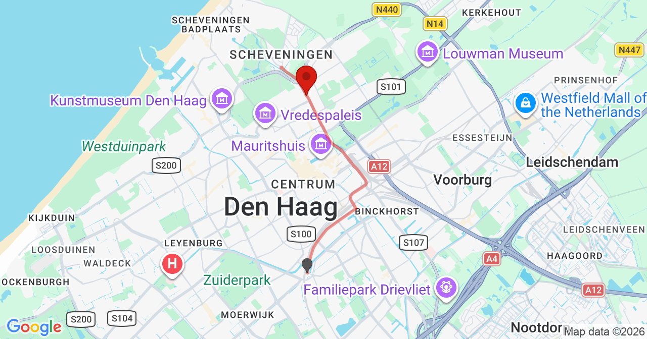 Kaart van het incident in 's-Gravenhage met de aanrijroutes van de gealarmeerde eenheden