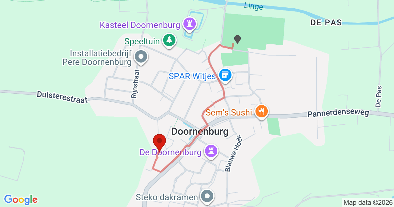 Kaart van het incident in Doornenburg met de aanrijroutes van de gealarmeerde eenheden