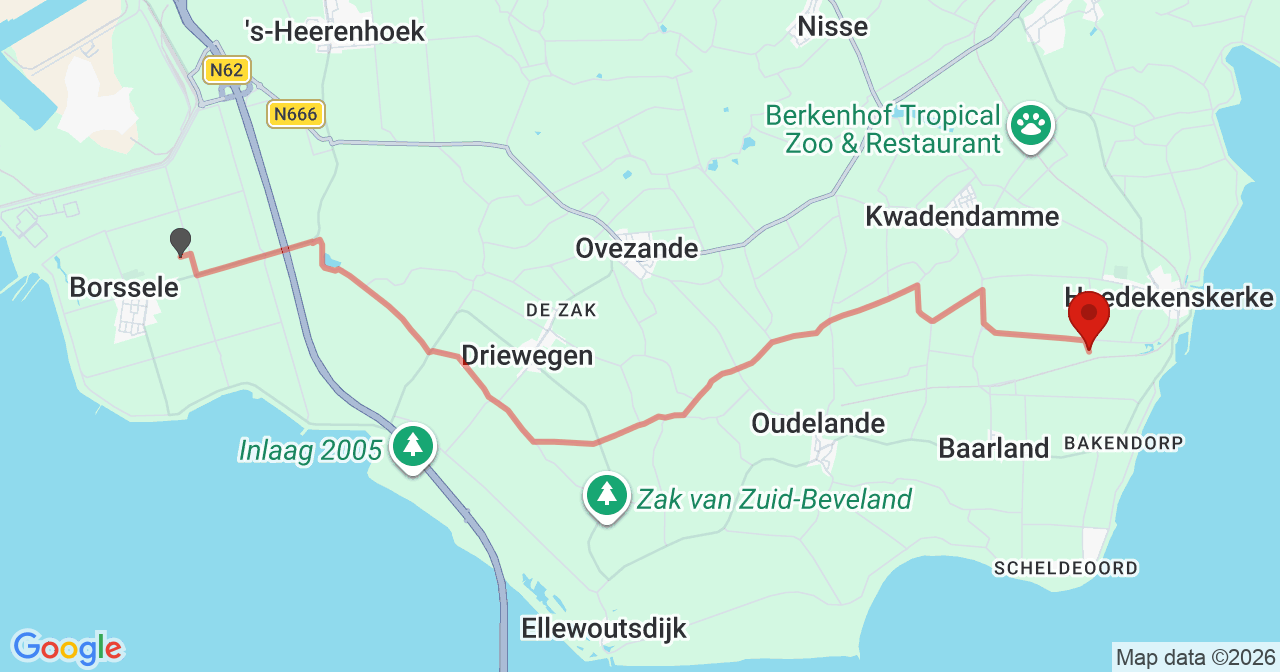 Kaart van het incident in Hoedekenskerke met de aanrijroutes van de gealarmeerde eenheden