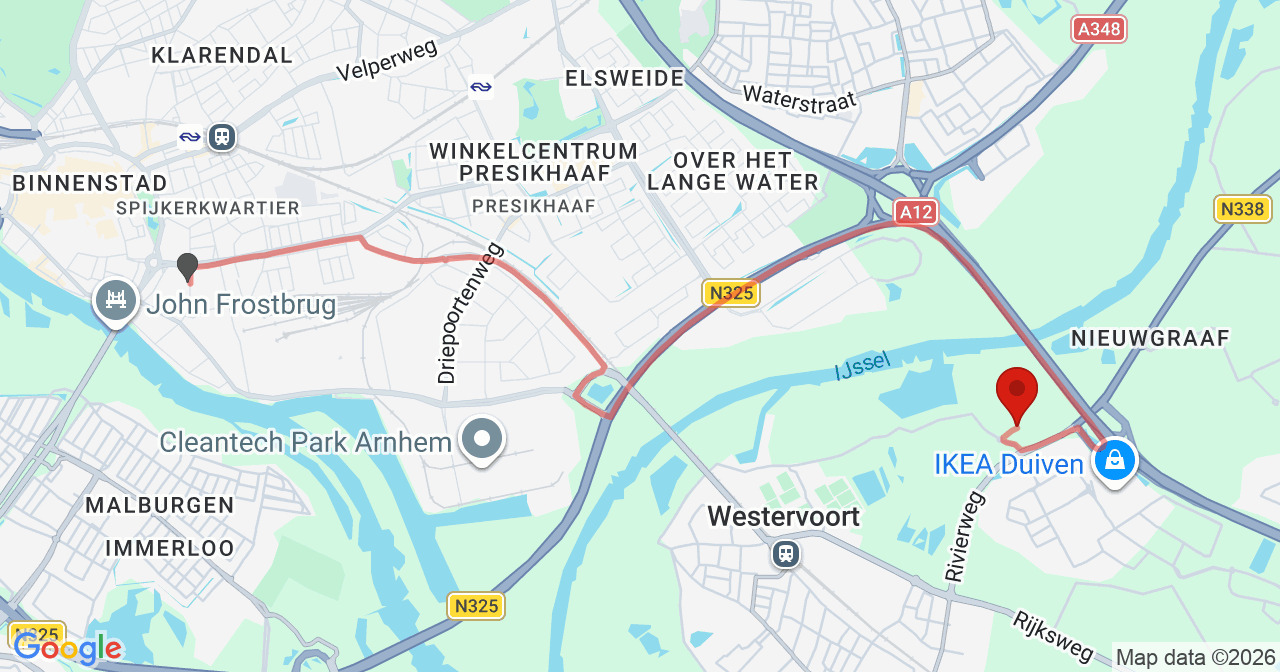 Kaart van het incident in Duiven met de aanrijroutes van de gealarmeerde eenheden