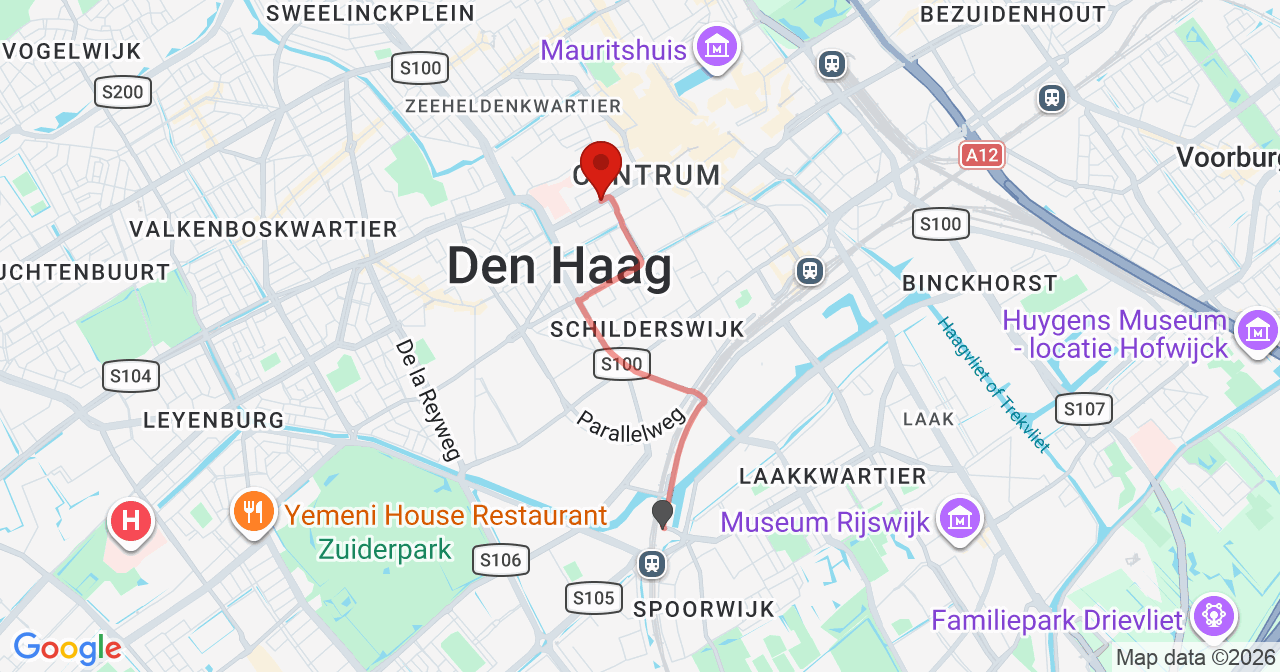 Kaart van het incident in 's-Gravenhage met de aanrijroutes van de gealarmeerde eenheden