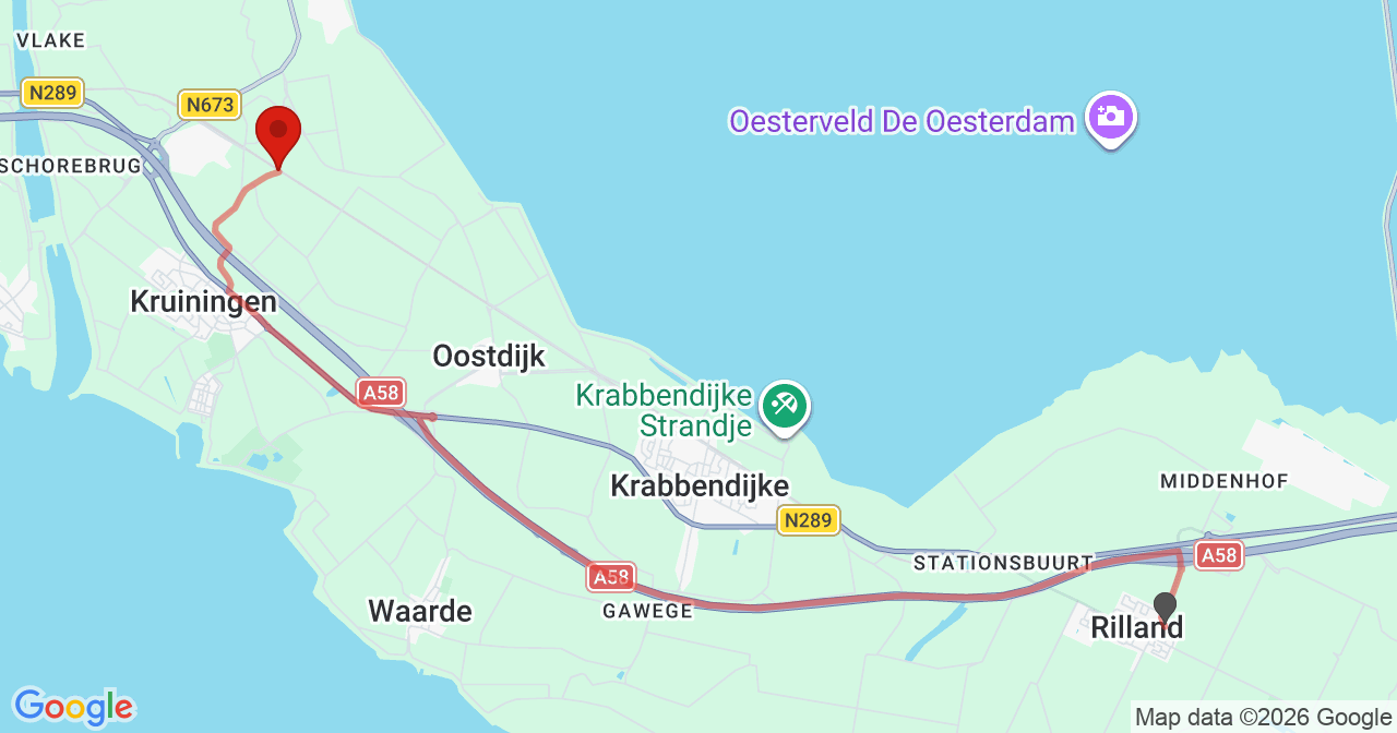 Kaart van het incident in Kruiningen met de aanrijroutes van de gealarmeerde eenheden