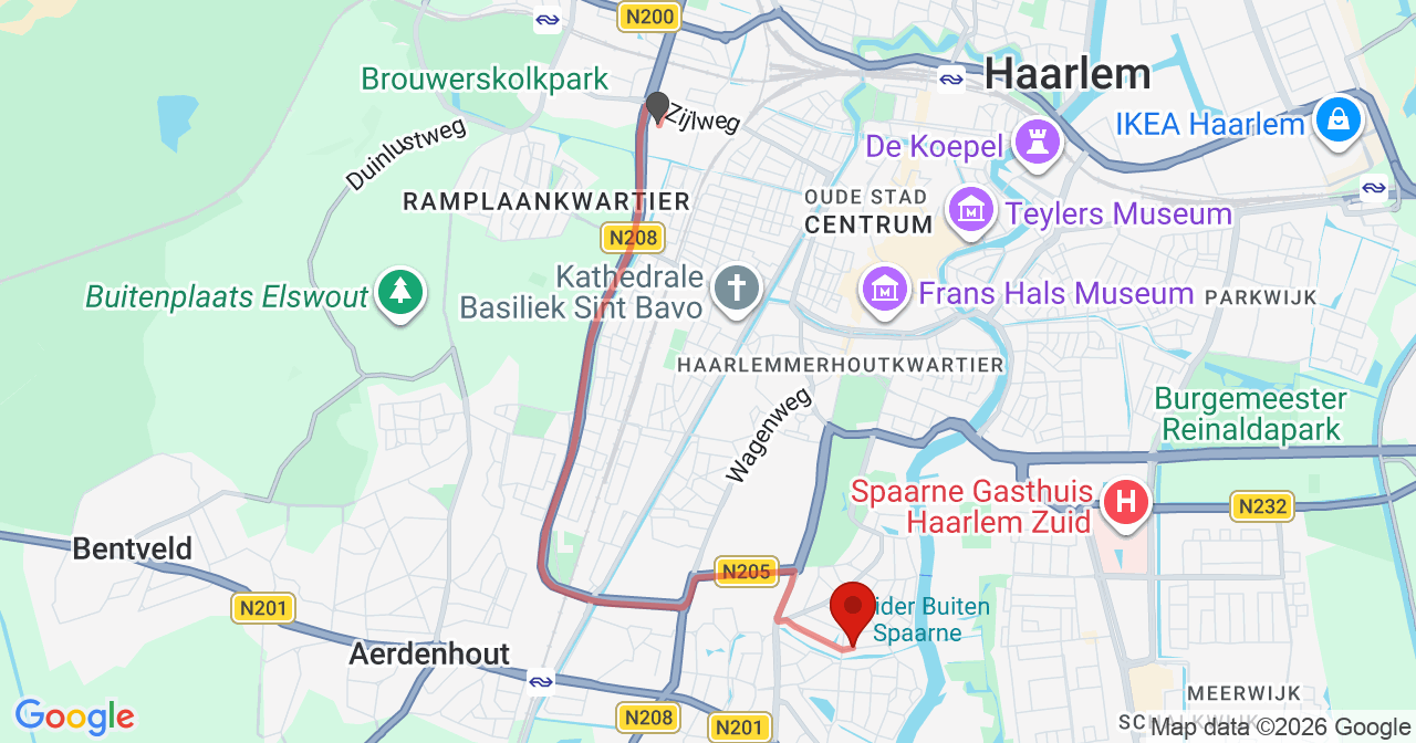 Kaart van het incident in Haarlem met de aanrijroutes van de gealarmeerde eenheden