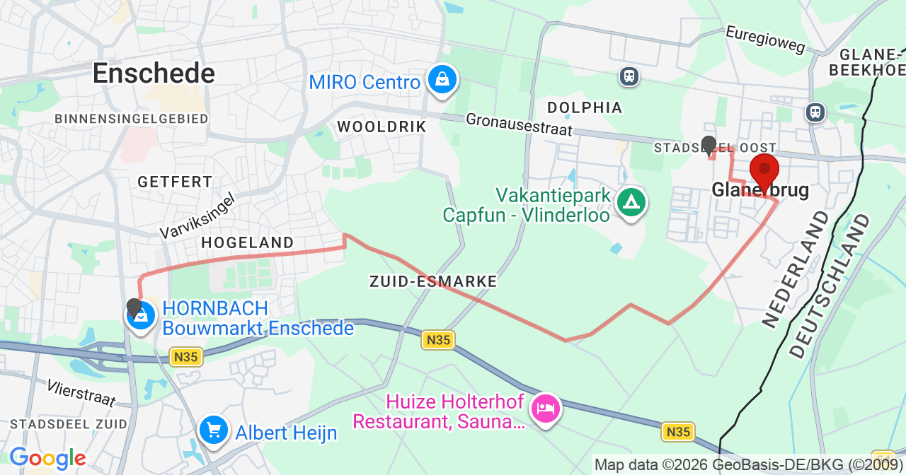 Kaart van het incident in Enschede met de aanrijroutes van de gealarmeerde eenheden