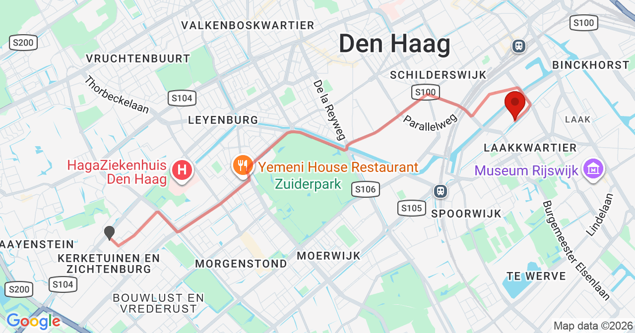 Kaart van het incident in 's-Gravenhage met de aanrijroutes van de gealarmeerde eenheden