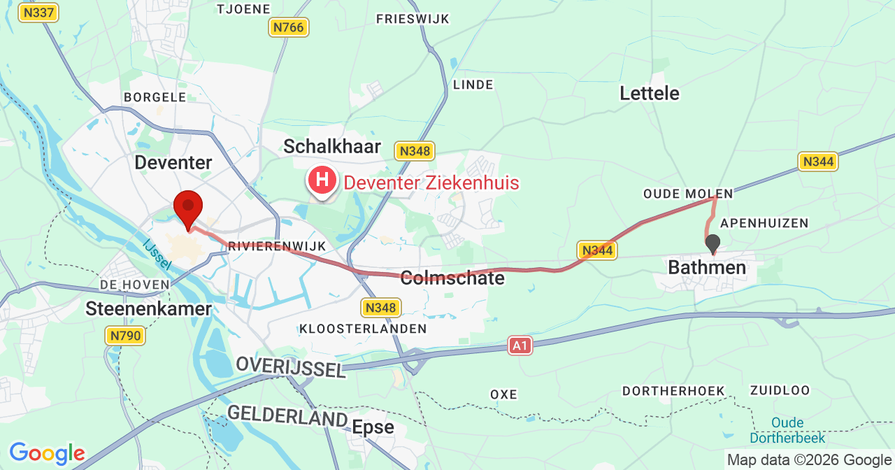 Kaart van het incident in Deventer met de aanrijroutes van de gealarmeerde eenheden