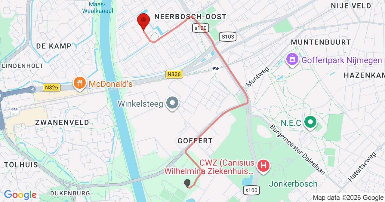 Kaart van het incident in Nijmegen met de aanrijroutes van de gealarmeerde eenheden