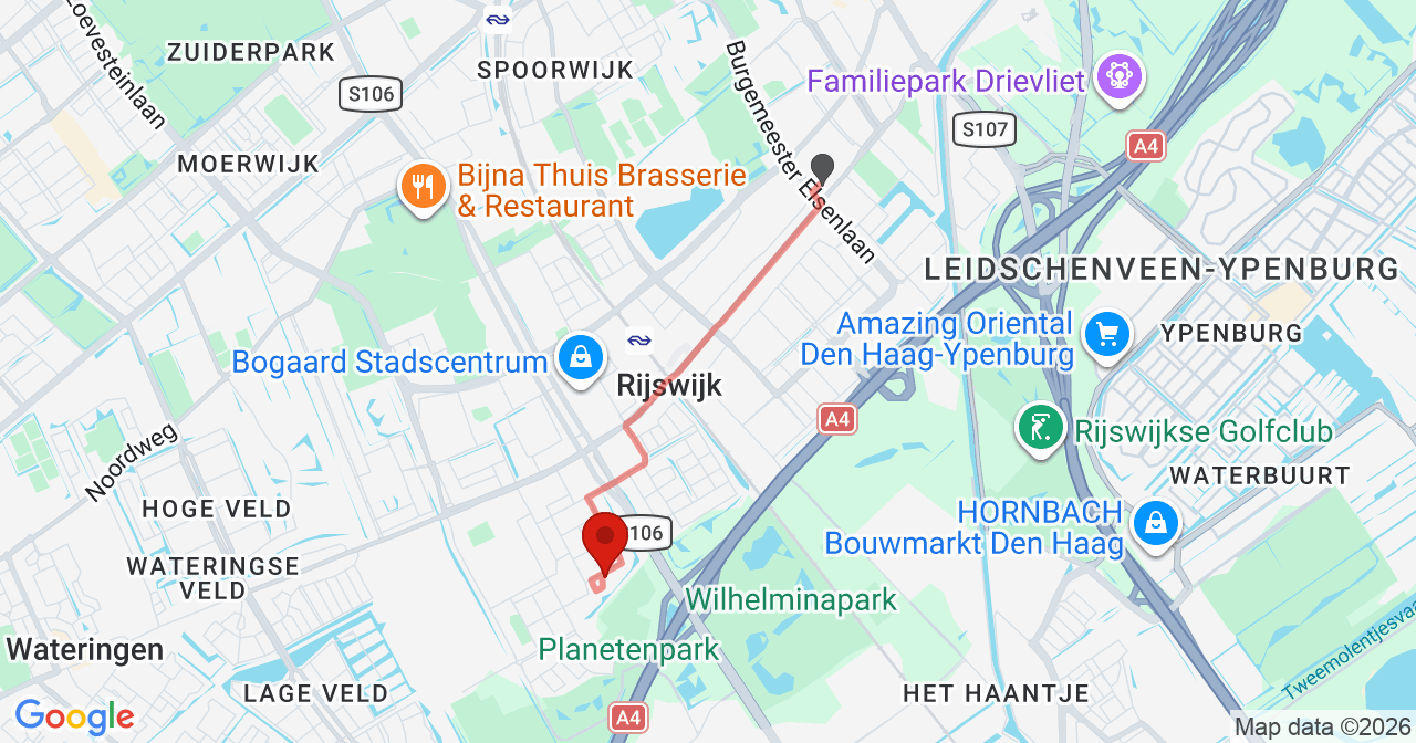 Kaart van het incident in Rijswijk ZH met de aanrijroutes van de gealarmeerde eenheden