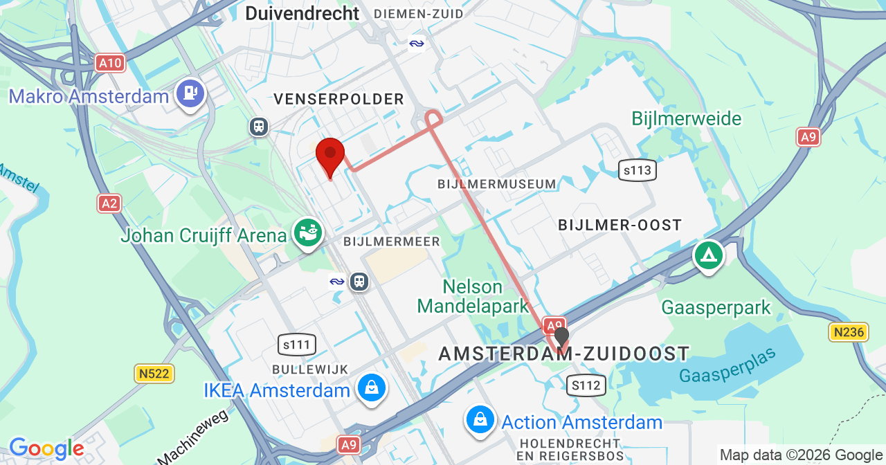Kaart van het incident in Amsterdam met de aanrijroutes van de gealarmeerde eenheden