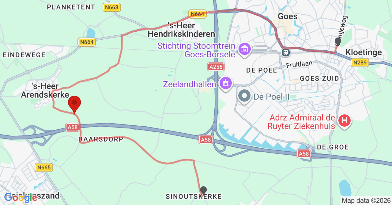 Kaart van het incident in Arendskerke met de aanrijroutes van de gealarmeerde eenheden