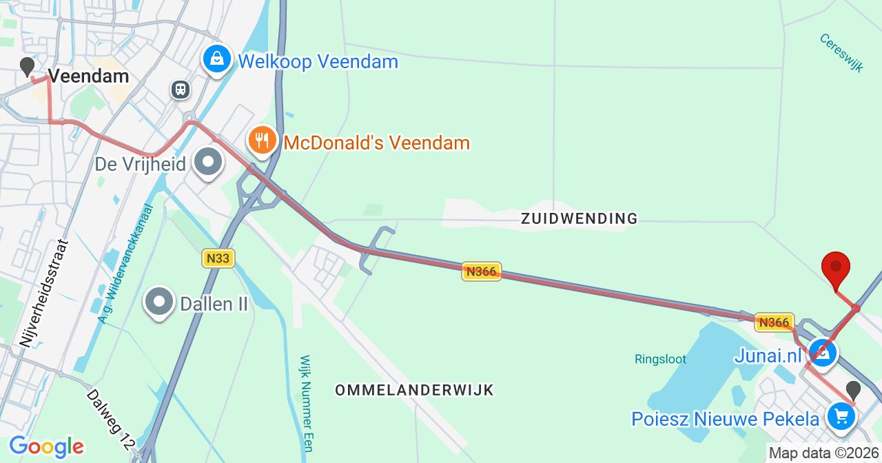 Kaart van het incident in Nieuwe Pekela met de aanrijroutes van de gealarmeerde eenheden