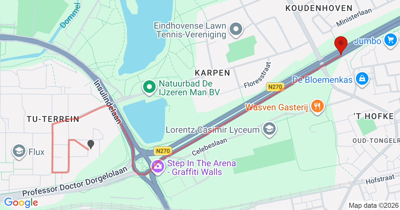 Kaart van het incident in Eindhoven met de aanrijroutes van de gealarmeerde eenheden