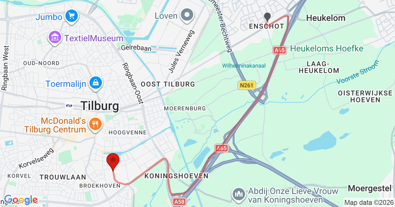 Kaart van het incident in Tilburg met de aanrijroutes van de gealarmeerde eenheden