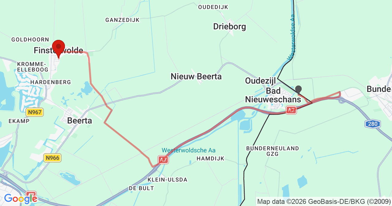 Kaart van het incident in Finsterwolde met de aanrijroutes van de gealarmeerde eenheden