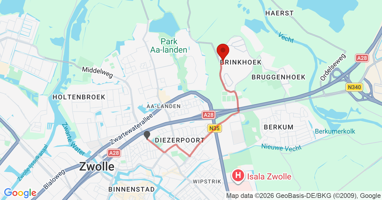 Kaart van het incident in Zwolle met de aanrijroutes van de gealarmeerde eenheden