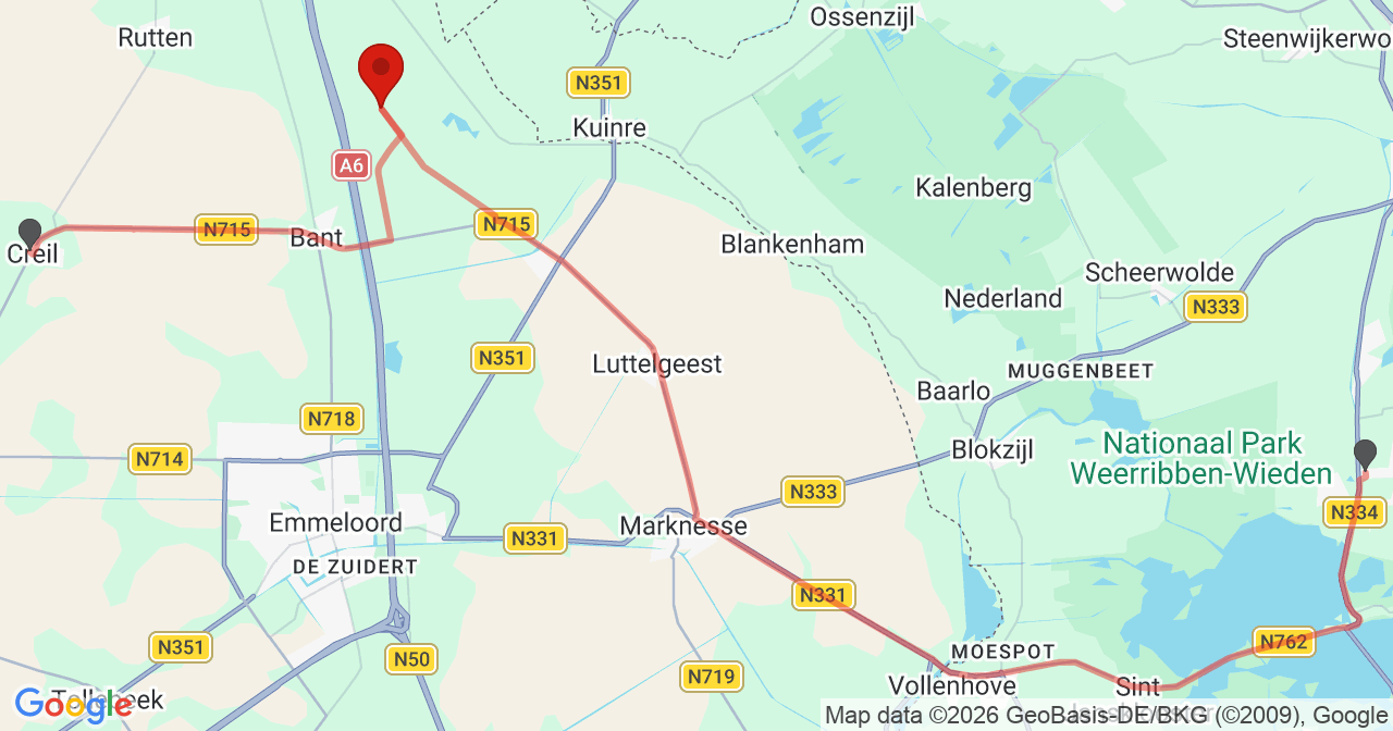 Kaart van het incident in Bant met de aanrijroutes van de gealarmeerde eenheden