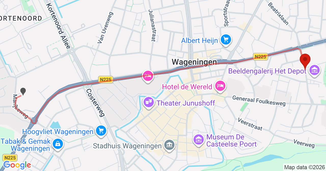 Kaart van het incident in Wageningen met de aanrijroutes van de gealarmeerde eenheden