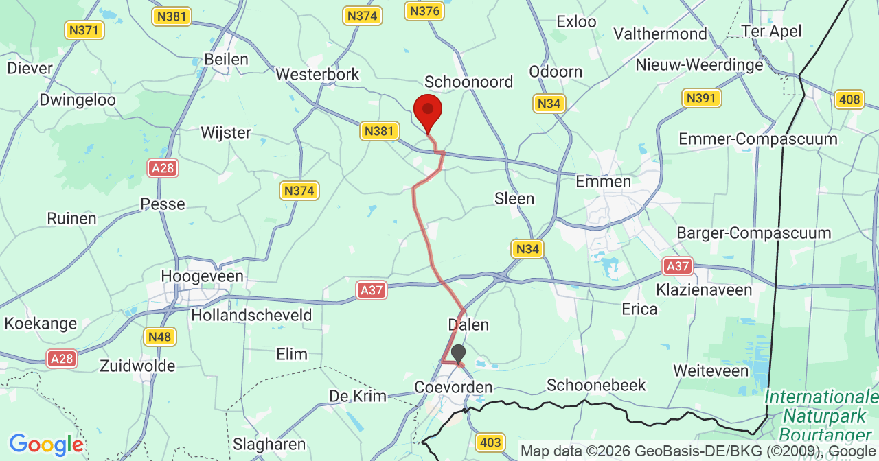 Kaart van het incident in Wezup met de aanrijroutes van de gealarmeerde eenheden