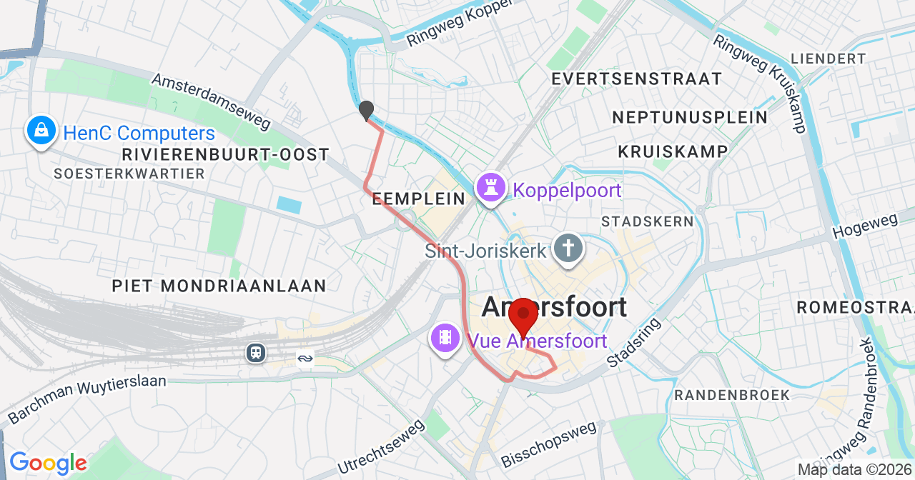 Kaart van het incident in Amersfoort met de aanrijroutes van de gealarmeerde eenheden