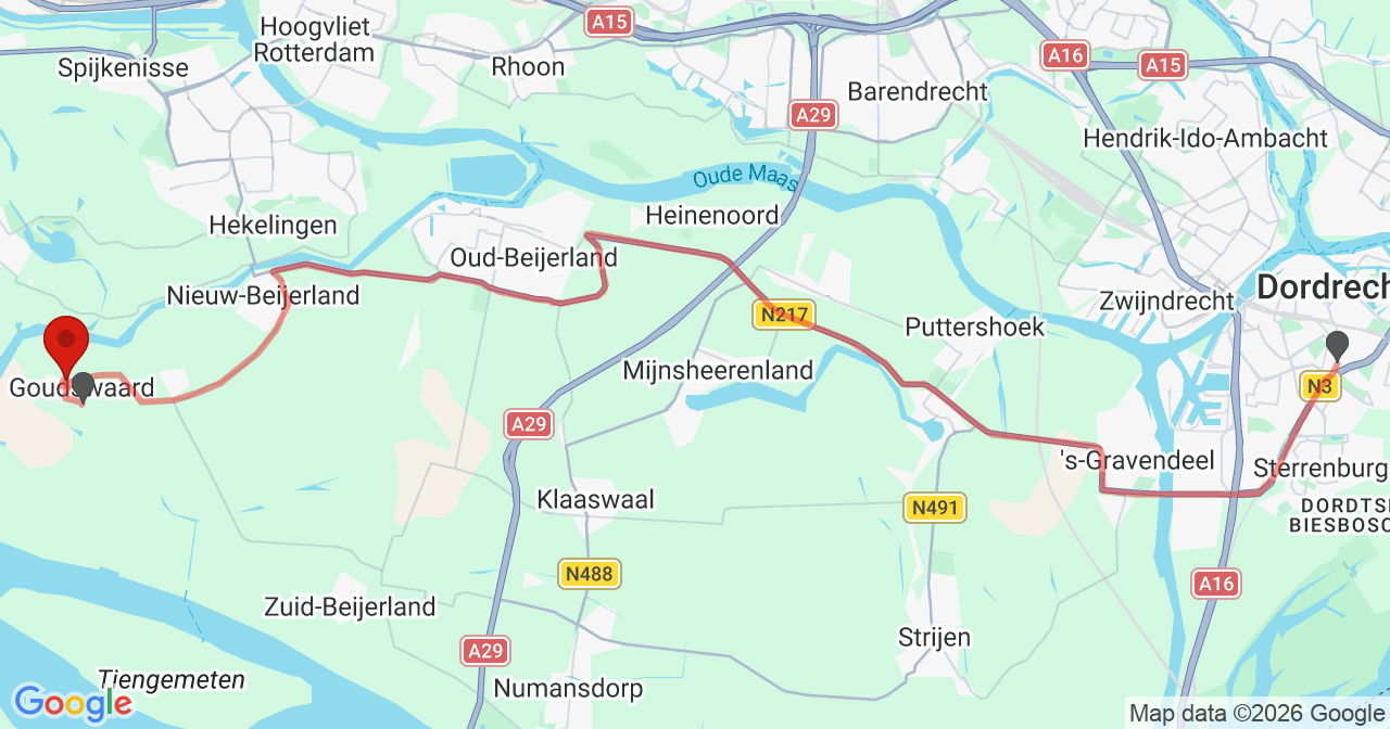 Kaart van het incident in Goudswaard met de aanrijroutes van de gealarmeerde eenheden