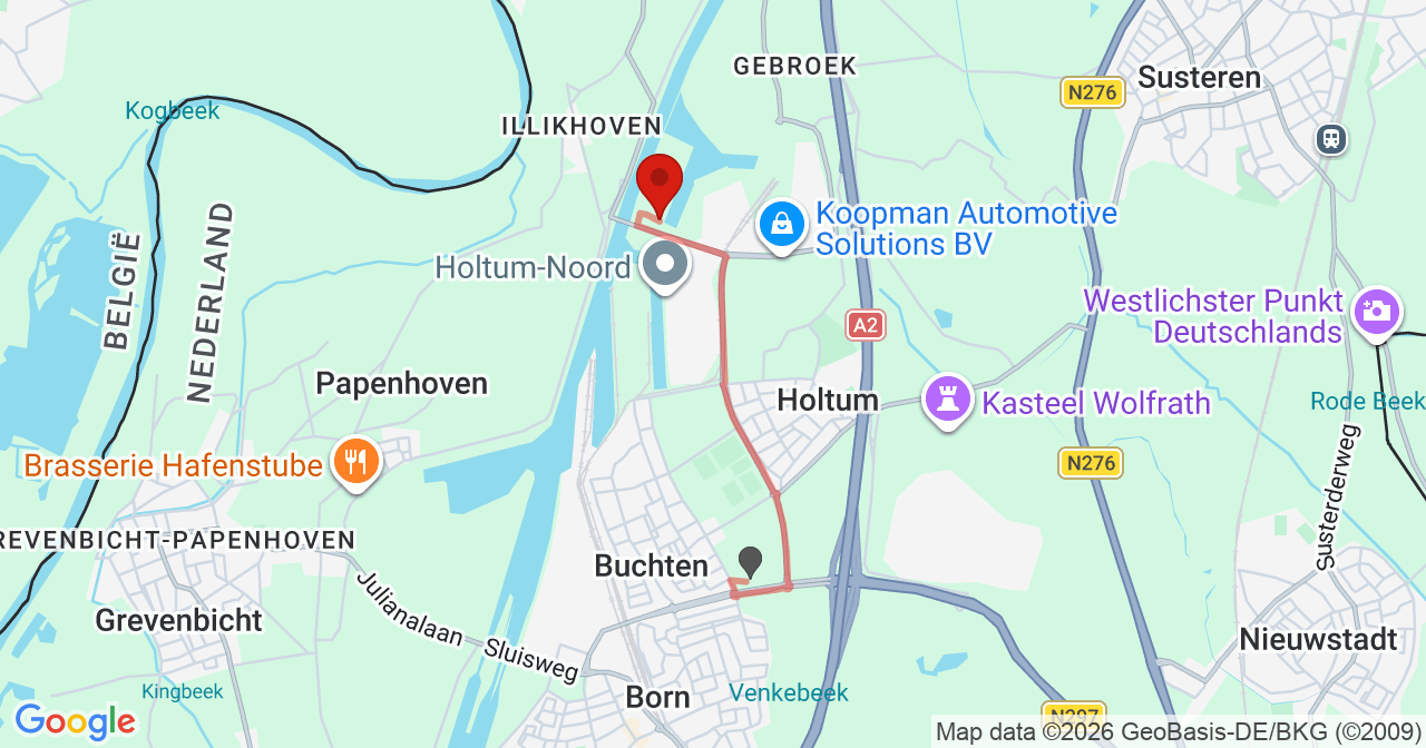 Kaart van het incident in Born met de aanrijroutes van de gealarmeerde eenheden
