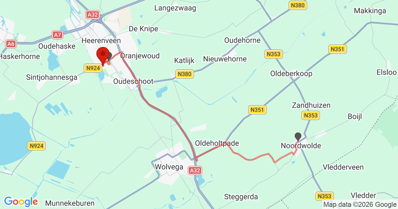 Kaart van het incident in Heerenveen met de aanrijroutes van de gealarmeerde eenheden