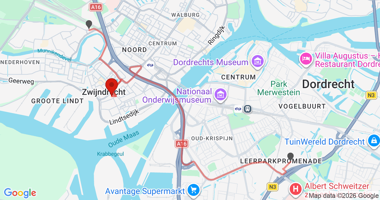 Kaart van het incident in Zwijndrecht met de aanrijroutes van de gealarmeerde eenheden