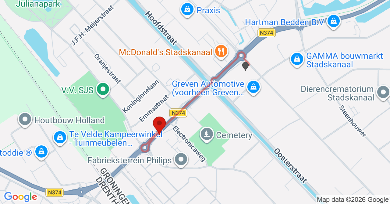 Kaart van het incident in Stadskanaal met de aanrijroutes van de gealarmeerde eenheden
