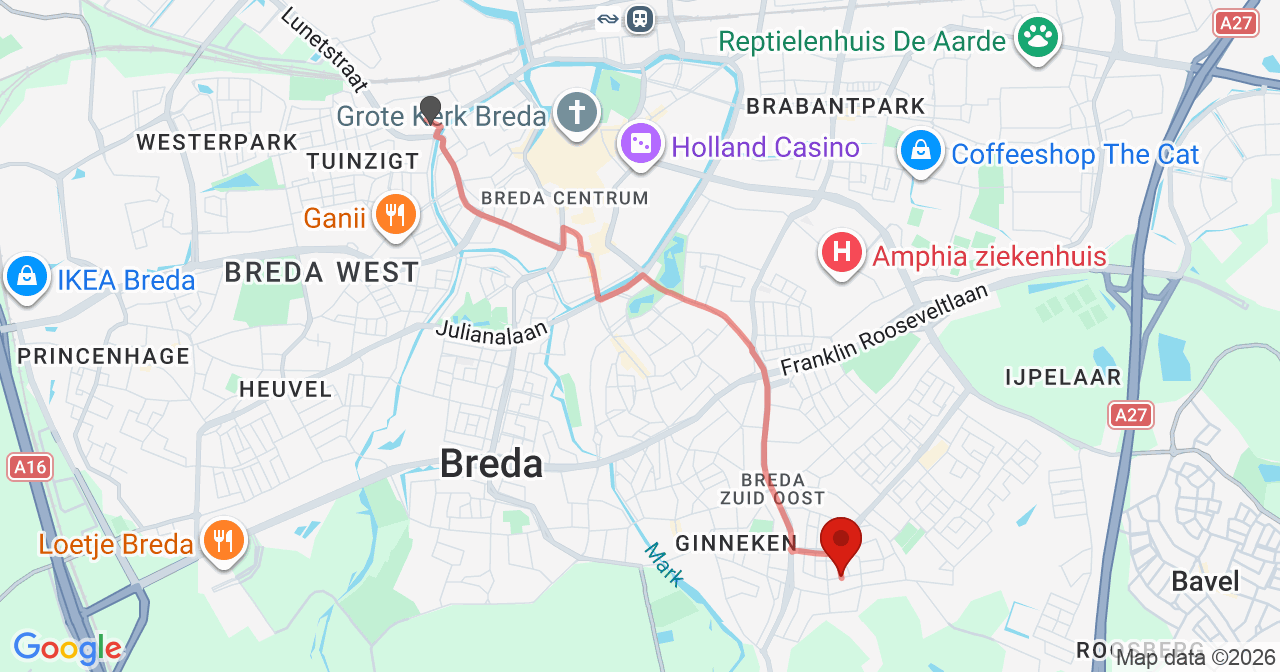 Kaart van het incident in Breda met de aanrijroutes van de gealarmeerde eenheden