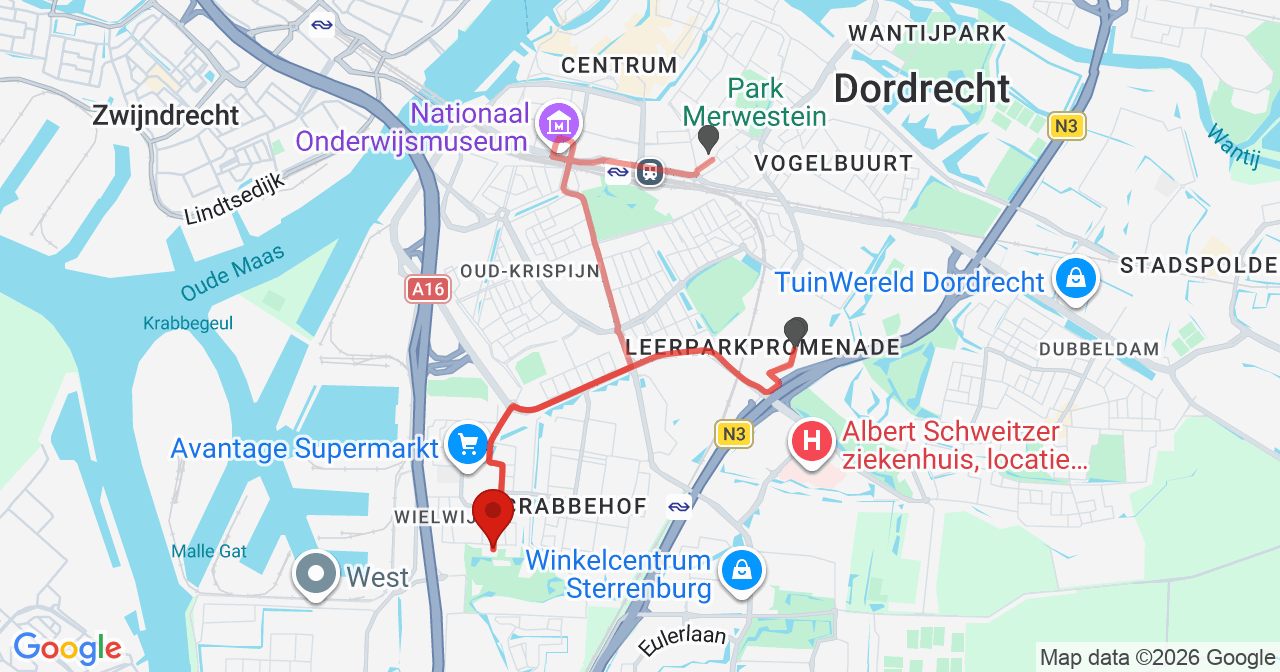Kaart van het incident in Dordrecht met de aanrijroutes van de gealarmeerde eenheden