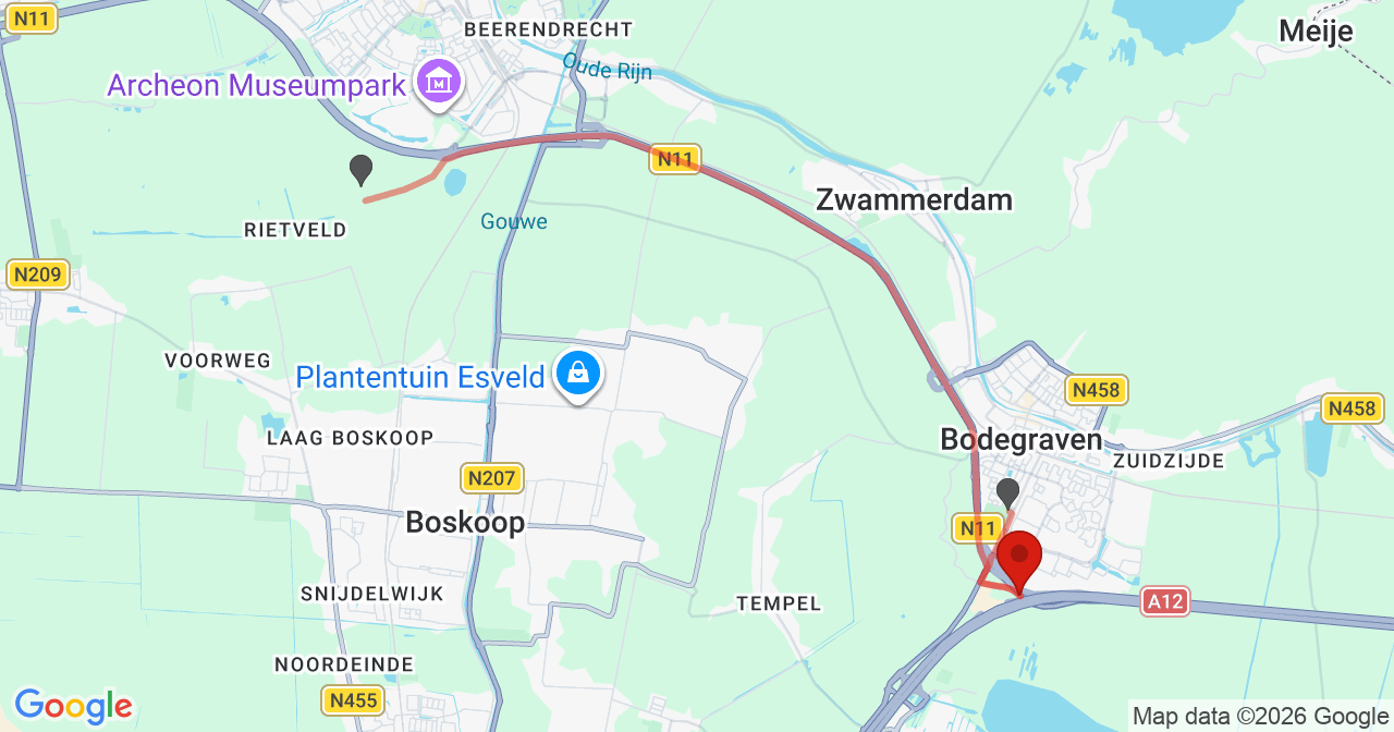 Kaart van het incident in Bodegraven met de aanrijroutes van de gealarmeerde eenheden