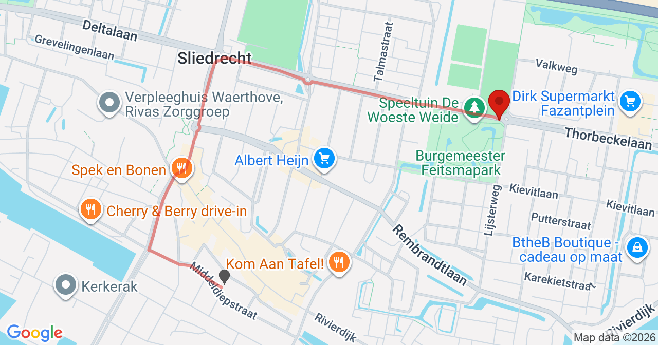 Kaart van het incident in Sliedrecht met de aanrijroutes van de gealarmeerde eenheden