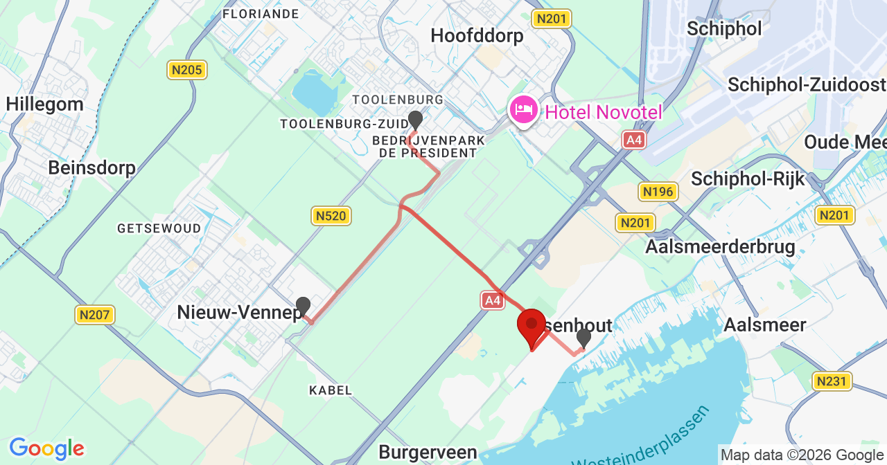 Kaart van het incident in Rijsenhout met de aanrijroutes van de gealarmeerde eenheden