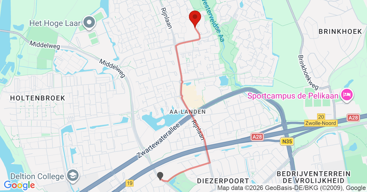 Kaart van het incident in Zwolle met de aanrijroutes van de gealarmeerde eenheden